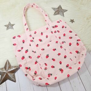 Pink Strawberry Corduroy Tote Bag Zip Top Pastel